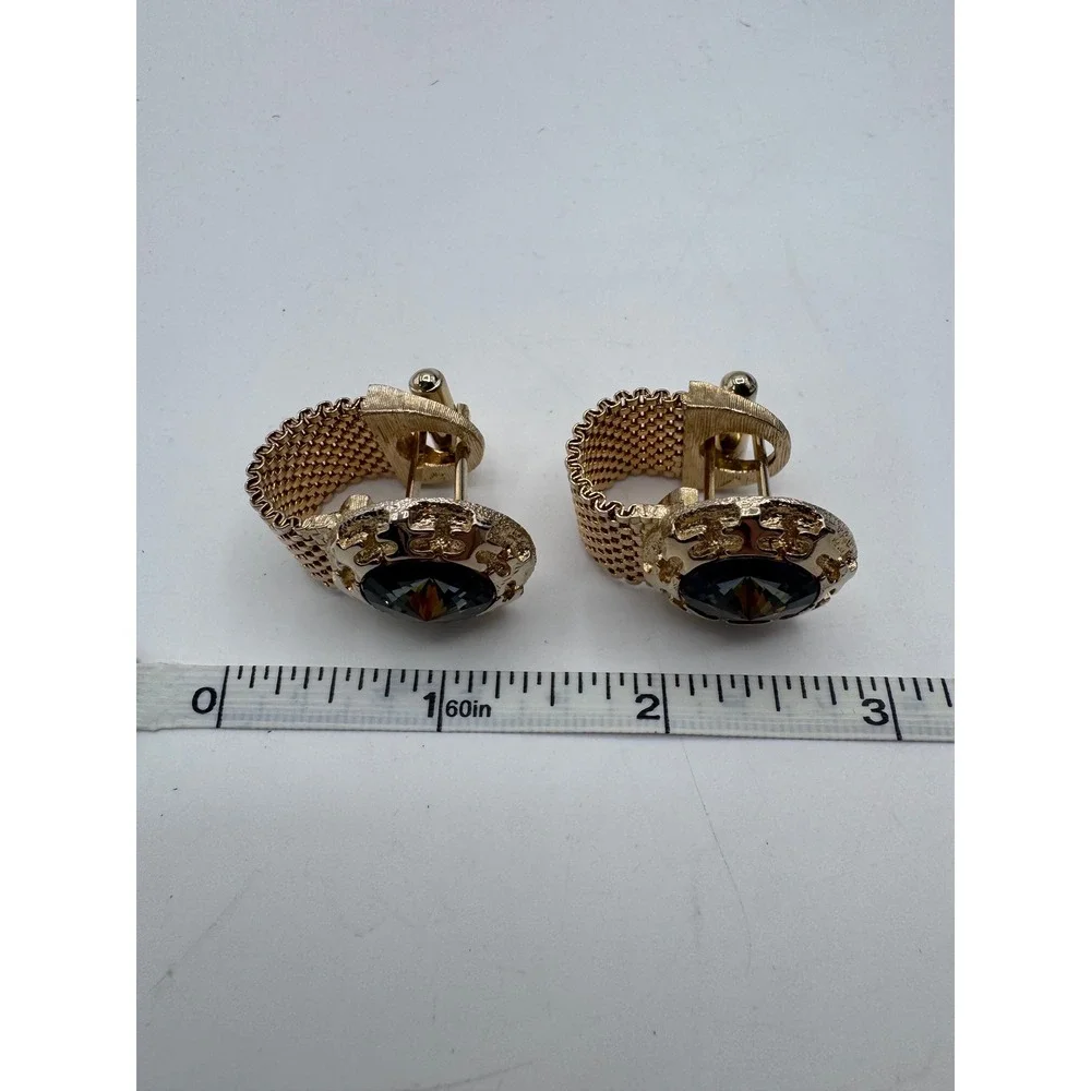 Vintage Gold Tone Mesh‎ Wrap Cufflinks Smoky Rhinestone Statement Men's